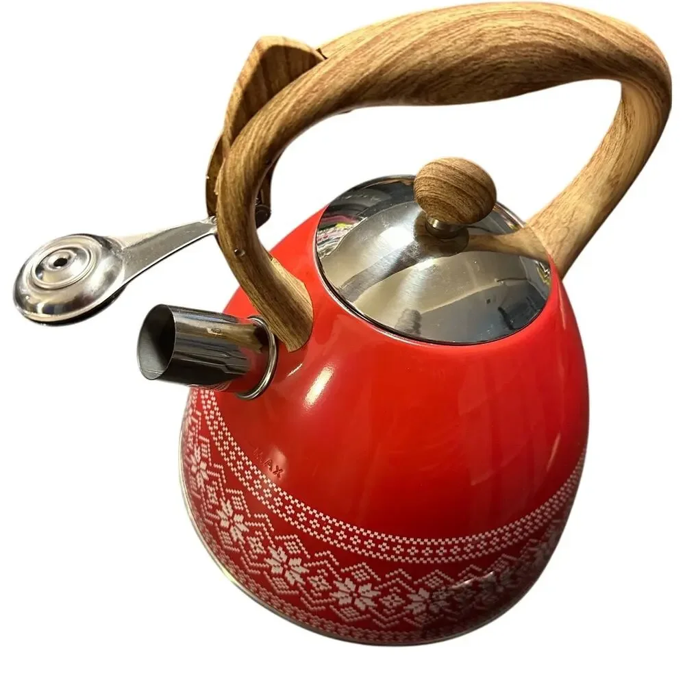 Red Snowflake Tea Kettle Nordic Holiday Stovetop Whistling Kettle 2.6 Qt